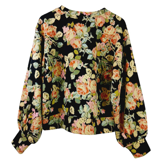 Loft SZ M Floral Puff Sleeve Sweatshirt Black - Picture 4 of 7
